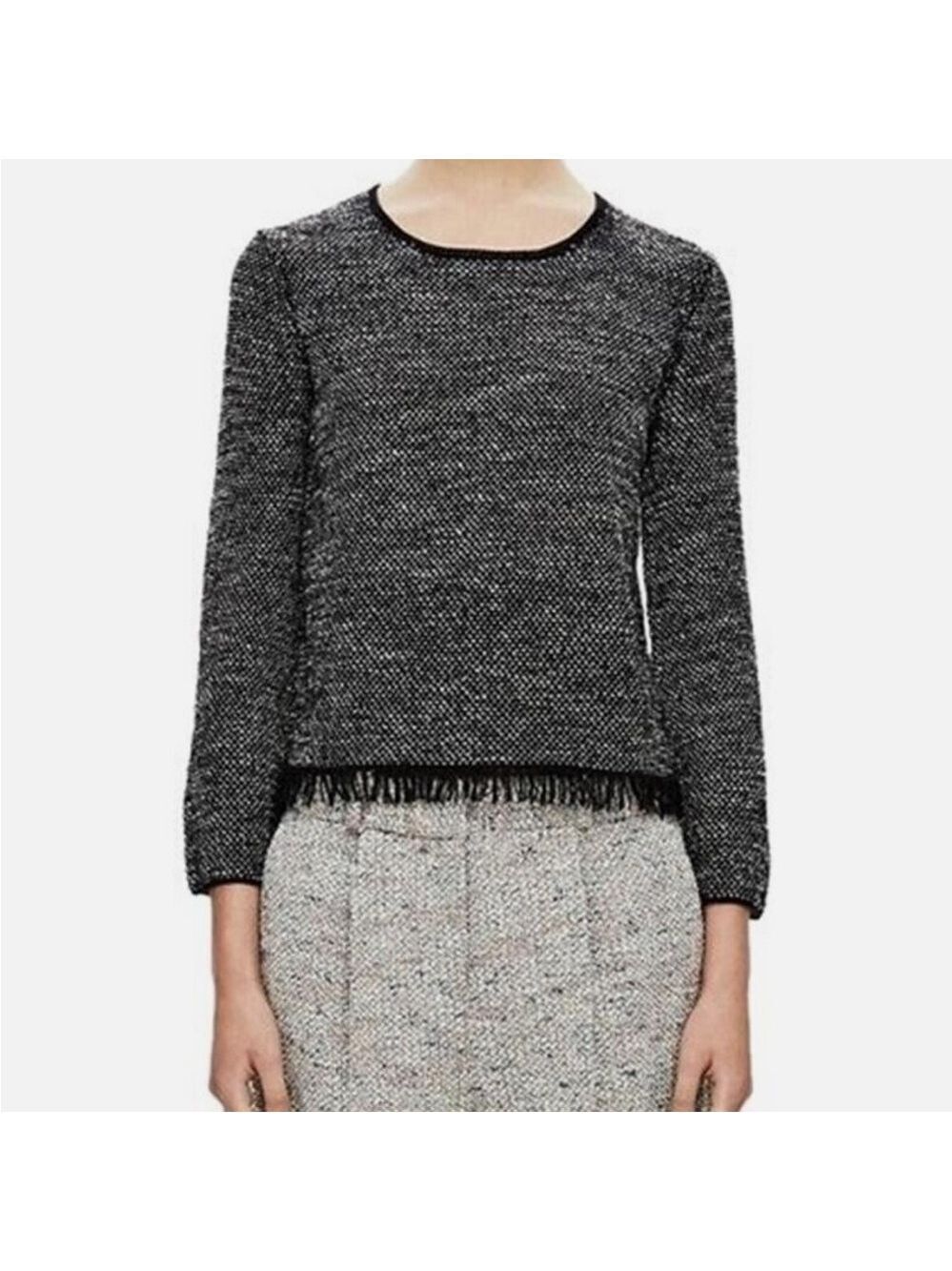 THEORY Black/White VENDLA TWEED SWEATER Fringe Trim Boxy Pullover Size Small